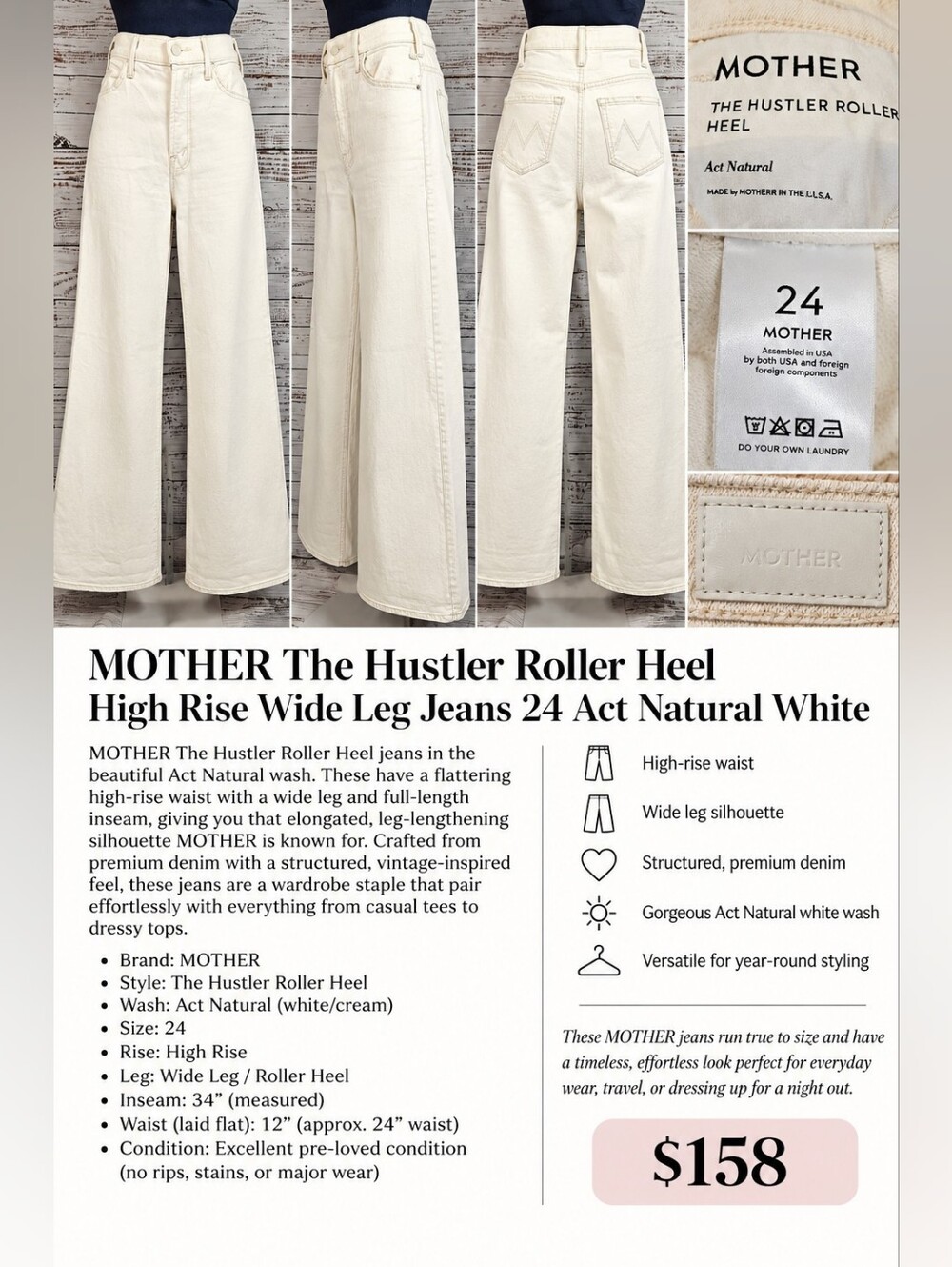 MOTHER Hustler Roller Heel High Rise Wide Leg Jeans 24 Act Natural